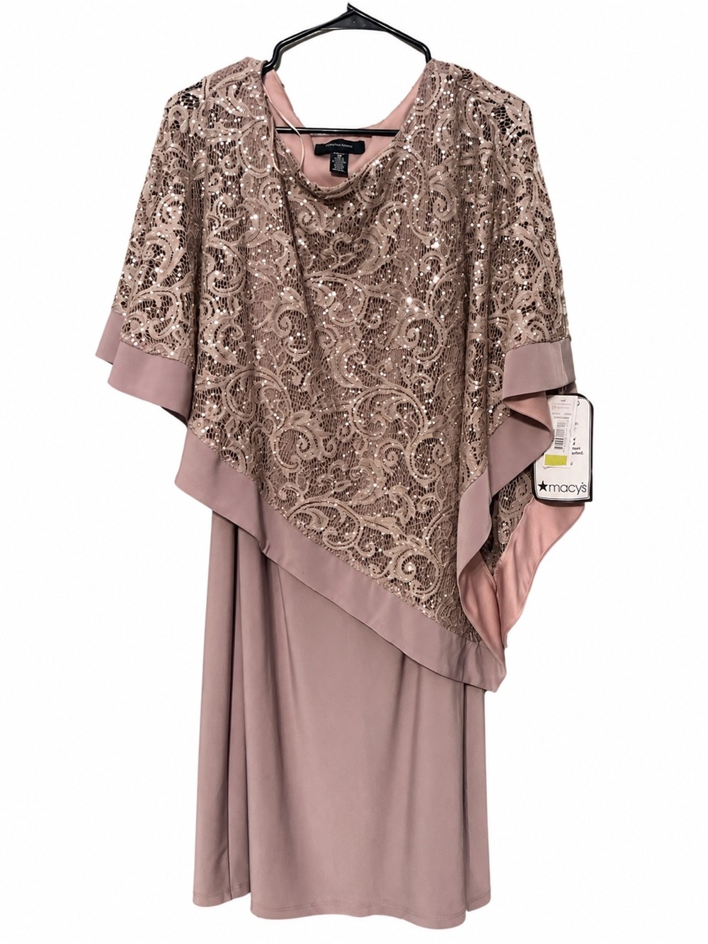 R&M Richards Dusty Rose Sequined Lace Cape Dress